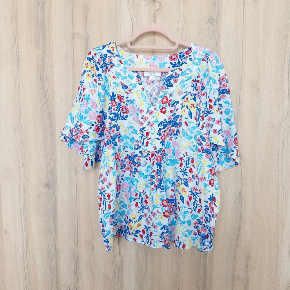 Charter Club Womens Linen Floral‎ Top M Colorful Flutter Sleeve Boho Cottage